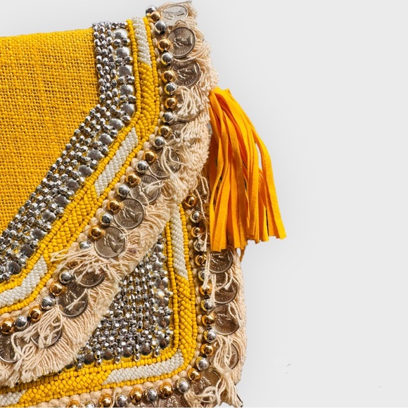 Bohemian Envelope Wristlets Banjara Clutch Yellow Color With tassels - Picture 4 of 6